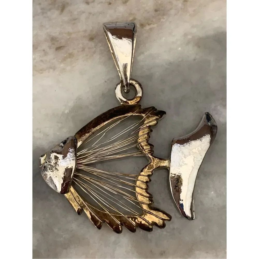 Angel Fish Silver and Gold Necklace Pendant #vintage